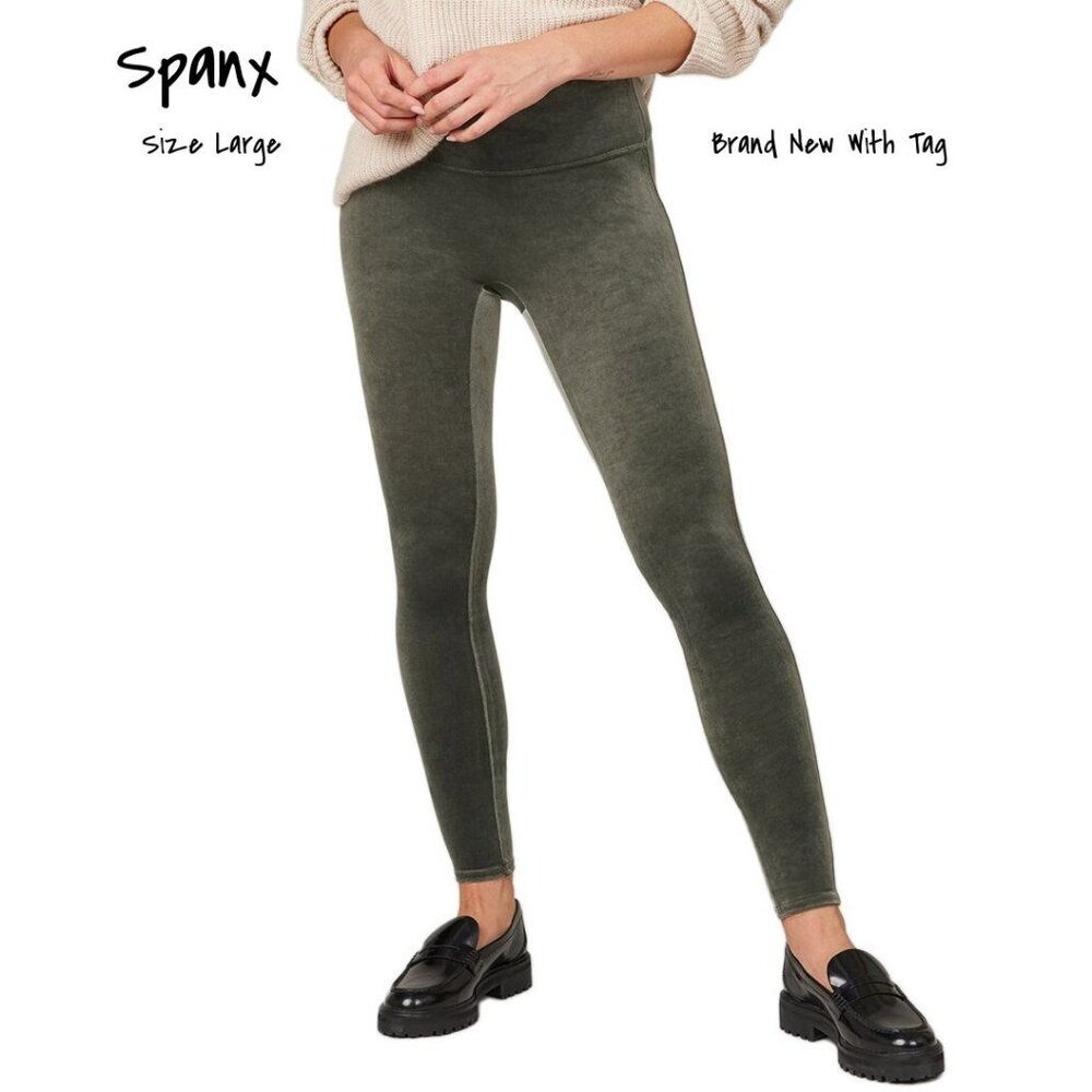 Spanx Velour Velvet Skinny Ankle High Rise Pants Dark Palm Women Size Large New - Picture 1 of 5
